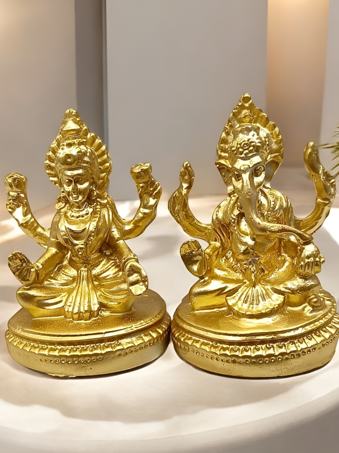 SANKALAN CREATIONS Laxmi Ganesha Gold Polyresin Matte Prayer Room Set of 2 Small Showpieces -