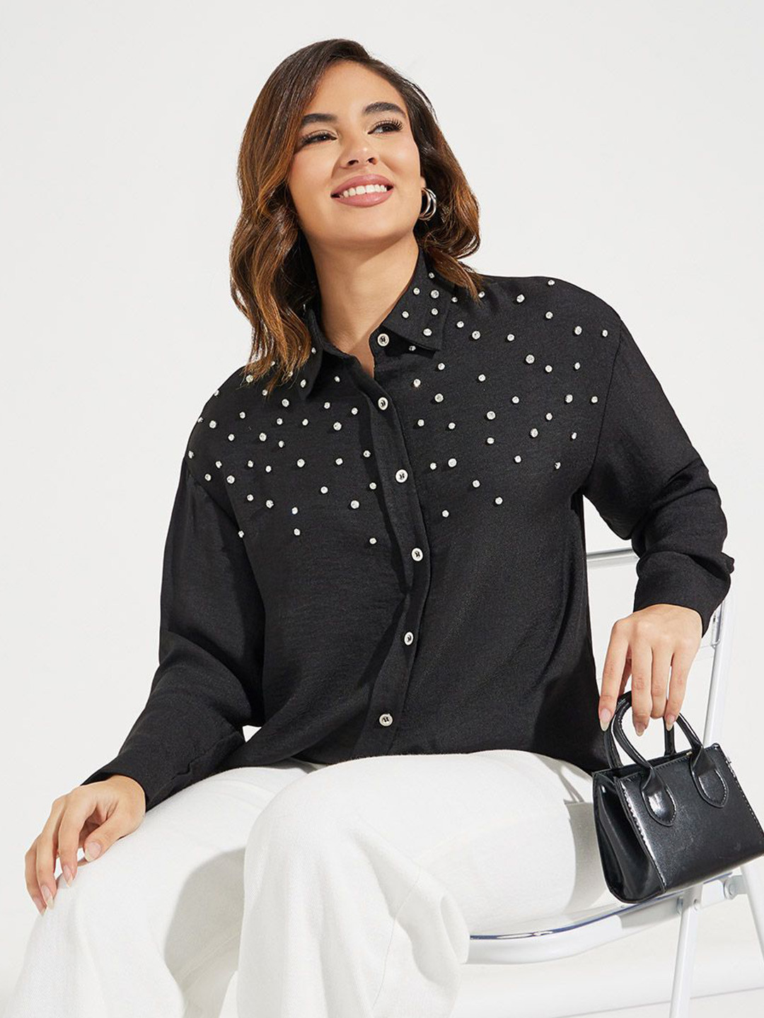 Styli Women Oversized Fit Longline Embellished Shirt with Button