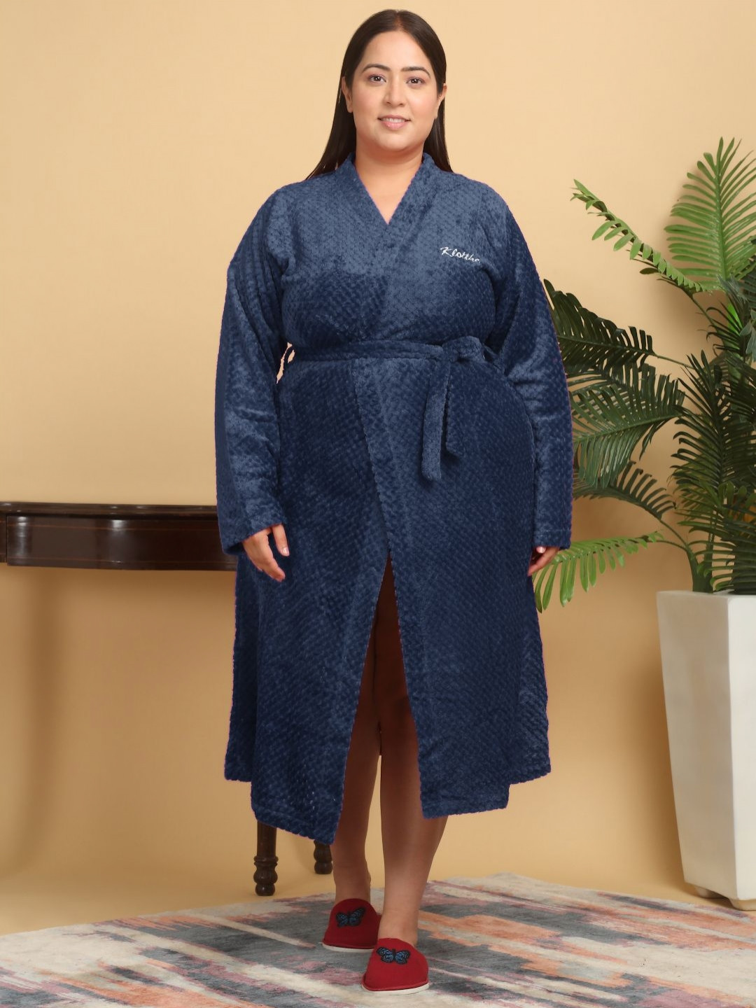 KLOTTHE Navy Blue Self Design Wool Drawstring Midi Bath Robe-2XL