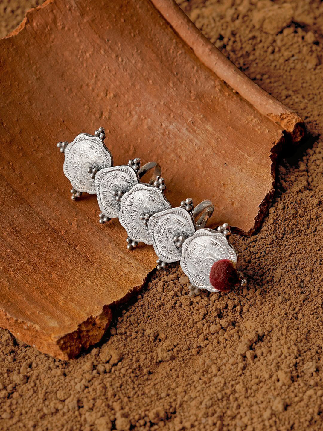 TEEJH Silver-Plated Beaded-Studded Tanka Coin Finger Ring