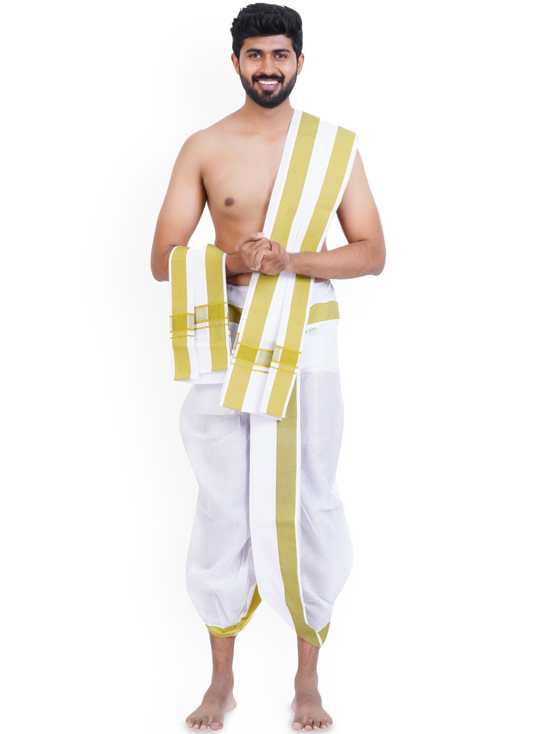 Ethazh Mens Cotton Fancy Pate-Purple Border Solid White Panchakacham with Angavasthiram