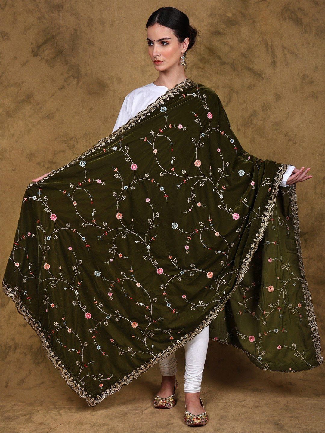 Exotic India Velvet Dupatta  with Zari Sequins Embroidery and Scalloped Border