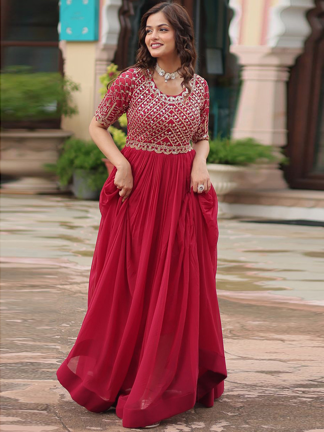 Ethnic Yard Women Sequined Embroidered Long Gown Dress
