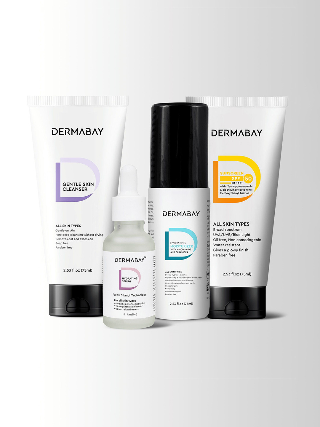 DermaBay Set Of 4 Gentle Skin Cleanser, Hydrating Serum, Moisturizer & SPF 50 Sunscreen