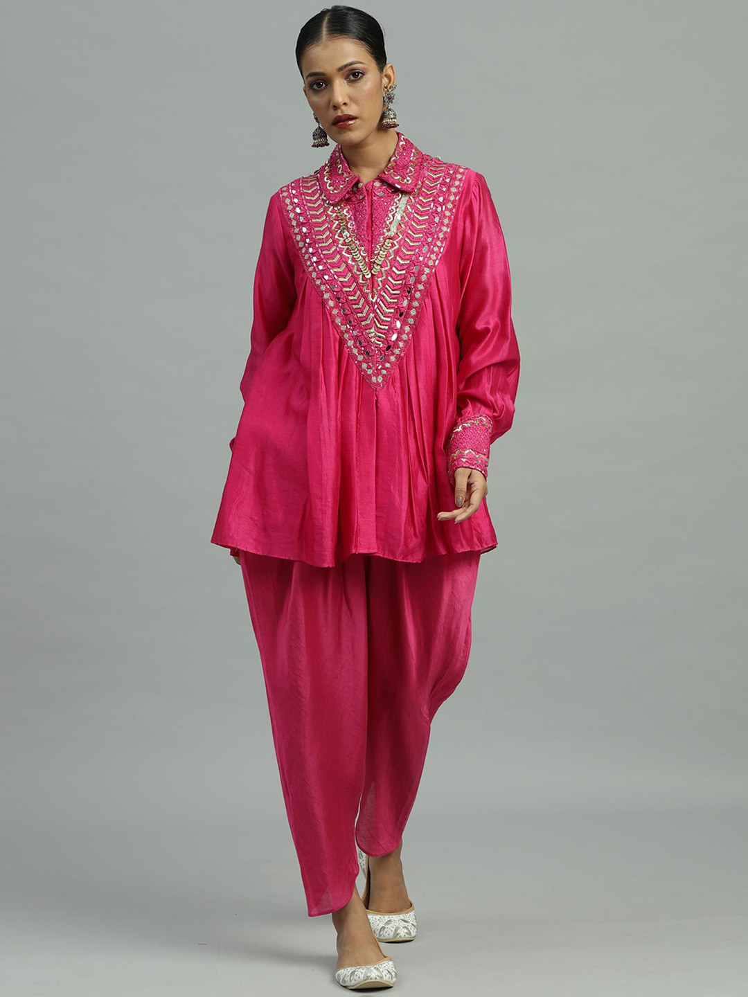 Siyona by Ankurita Women Ethnic Motifs Embroidered Regular Chanderi Silk Kurti with Dhoti Pants