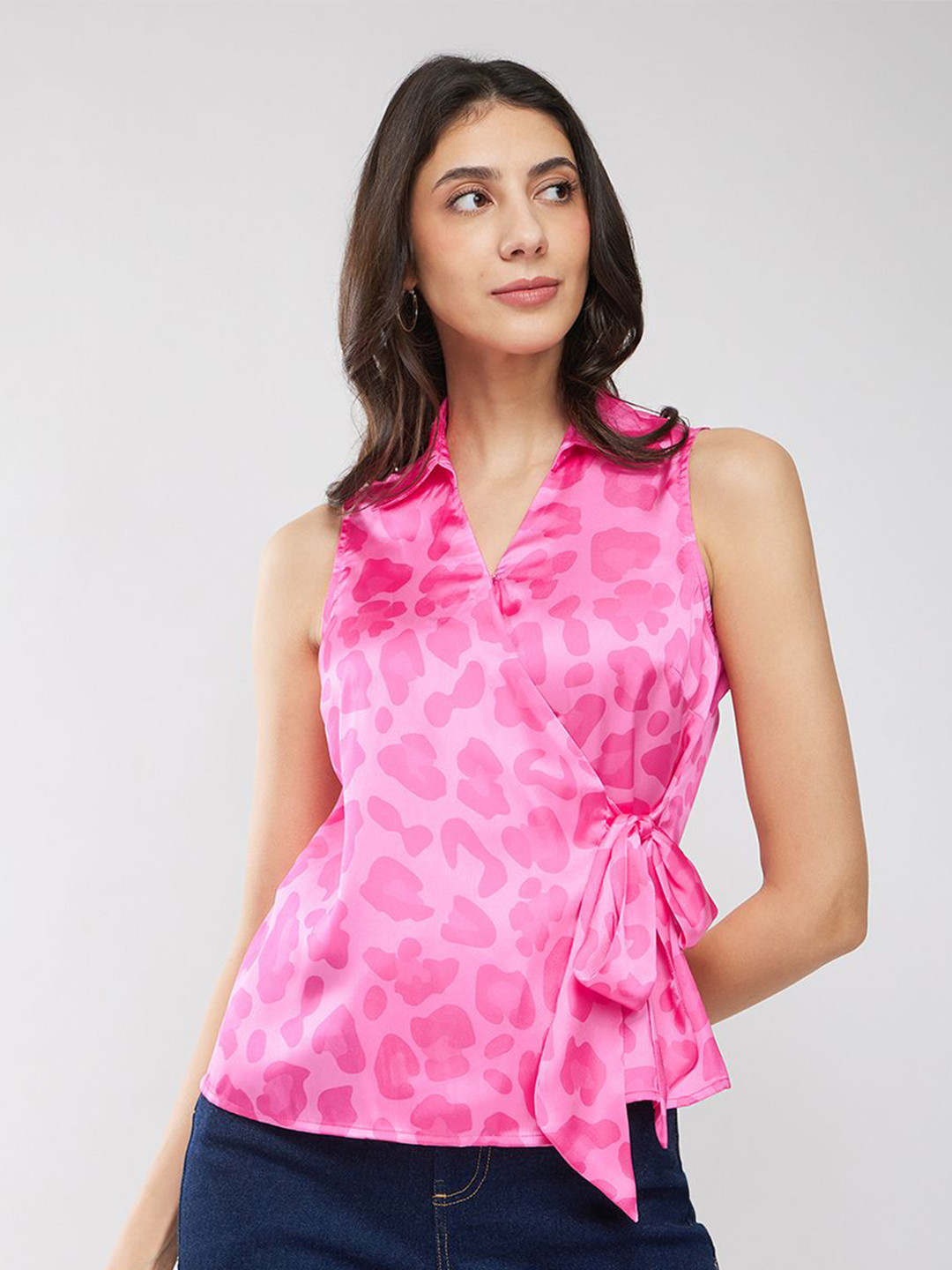 FableStreet Floral Print Satin Pink Top
