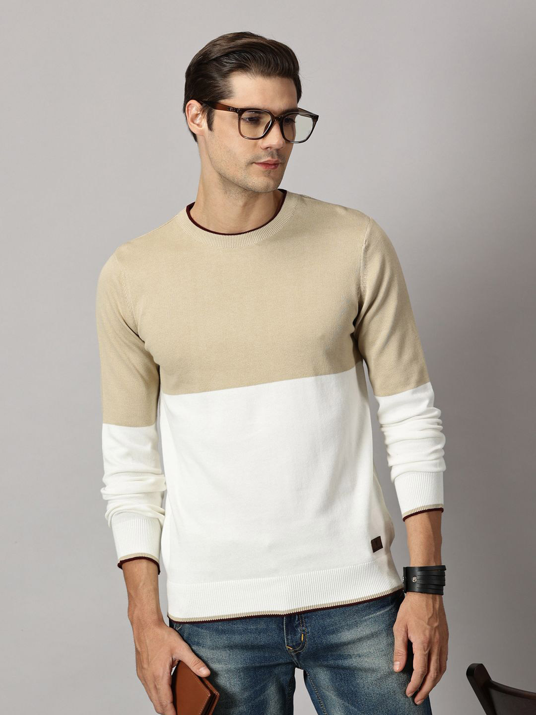 BLACK BUCK Colourblocked Crew Neck Sweater