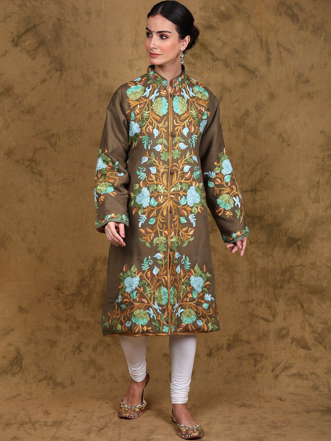 Exotic India Wool Long Jacket from Kashmir with Multicolor Aari Embroidered Floral Motifs