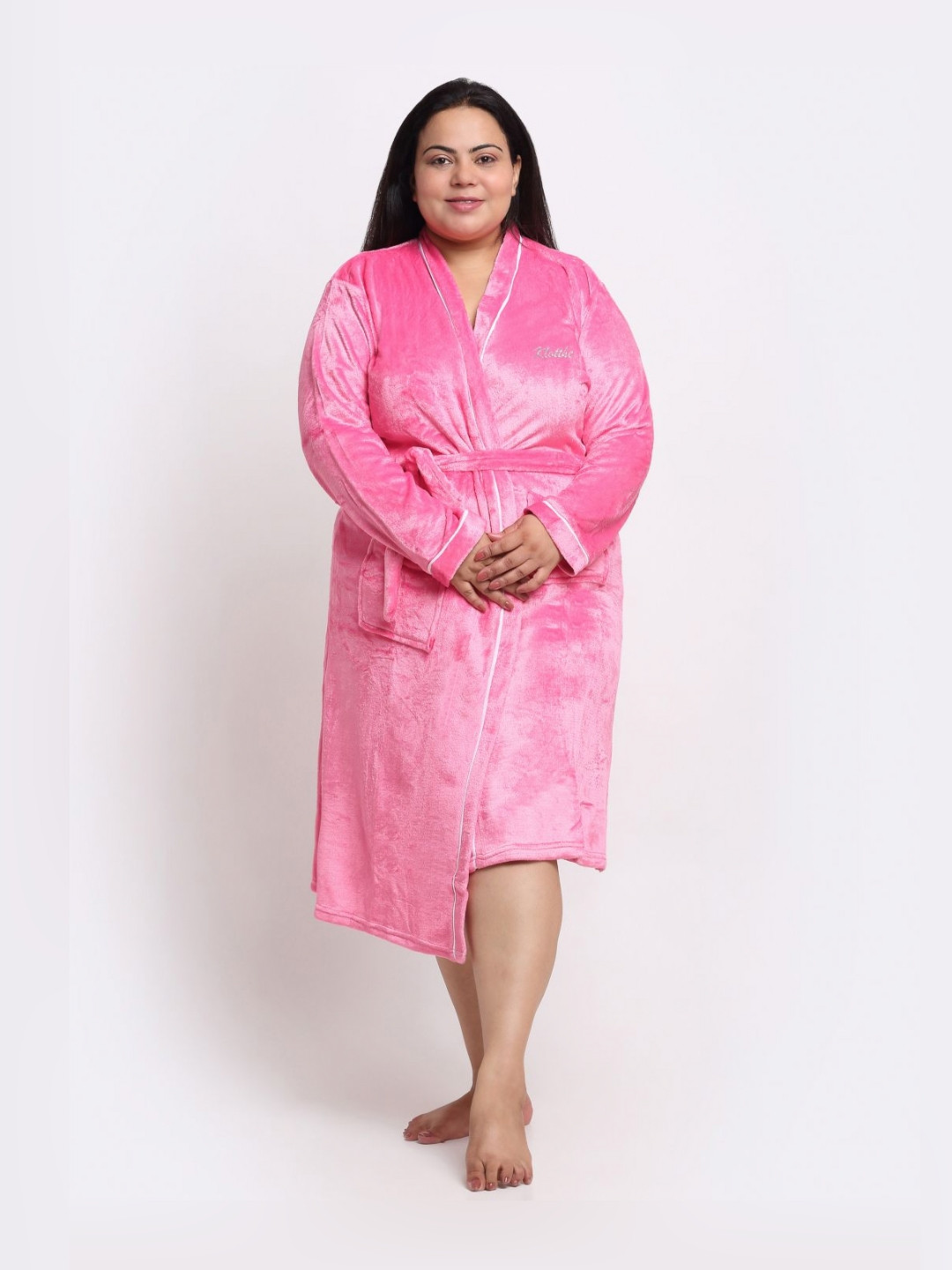 KLOTTHE Pink Solid Wool Drawstring Midi Bath Robe-5XL