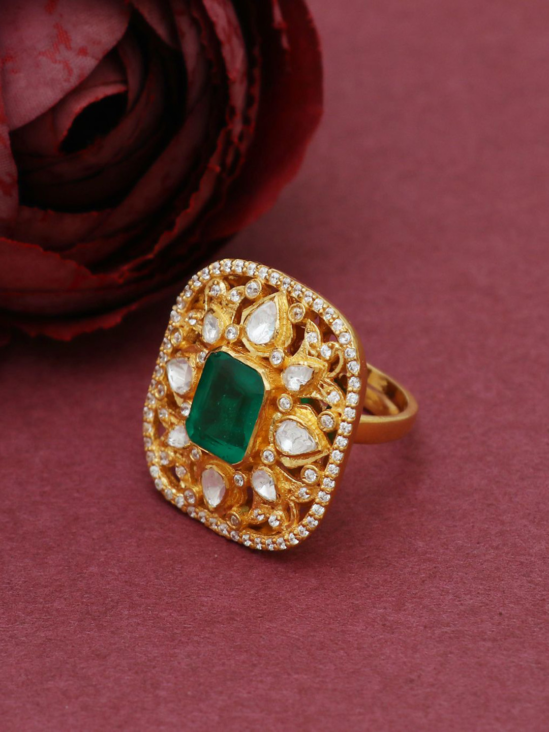 Raj Gems 925 Silver Gold-Plated Germstone Studded Moissanite Polki Adjustable Finger Ring