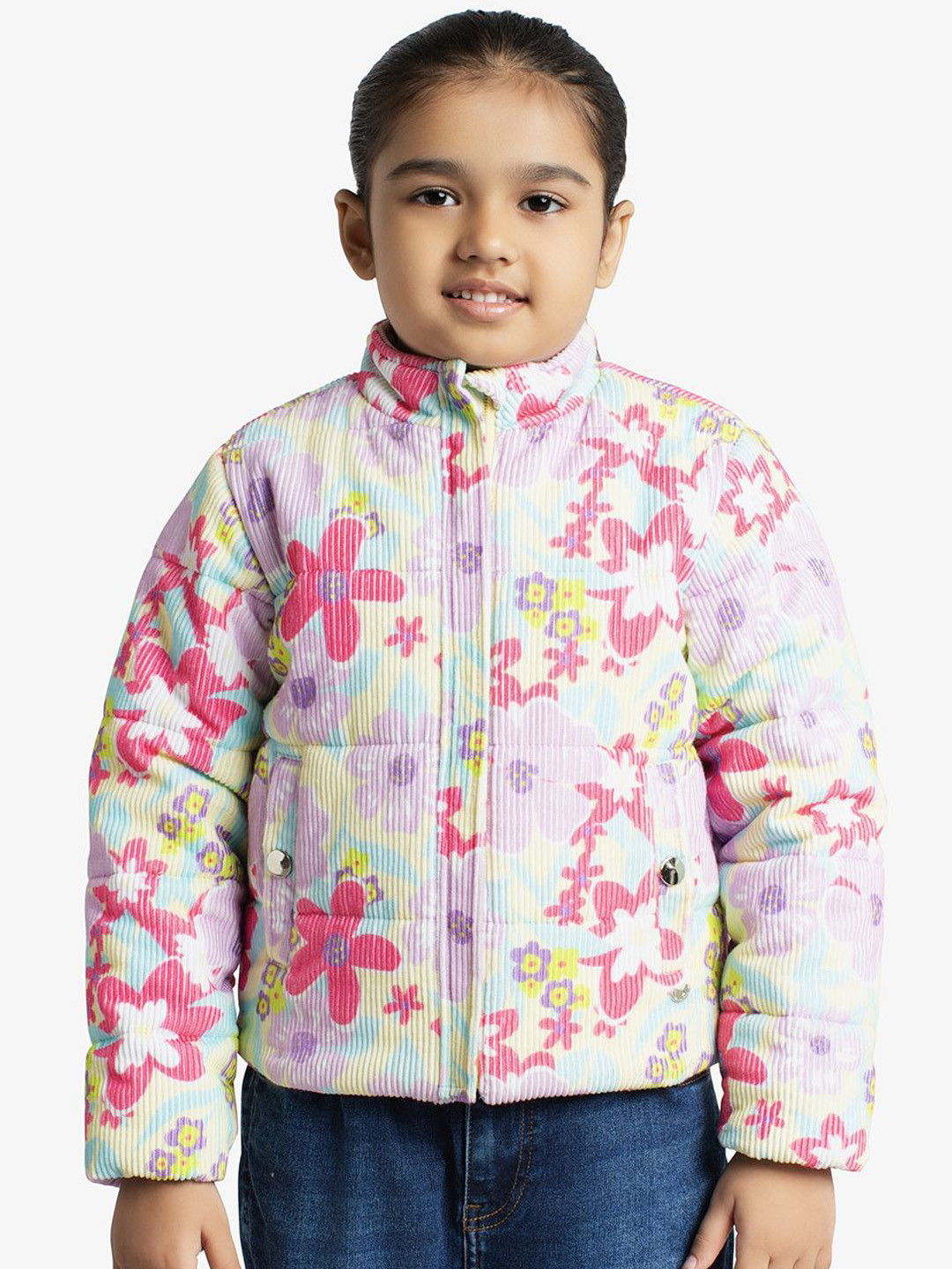 Ed-a-Mamma Girls Floral Corduroy Outdoor Puffer Jacket with Embroidered