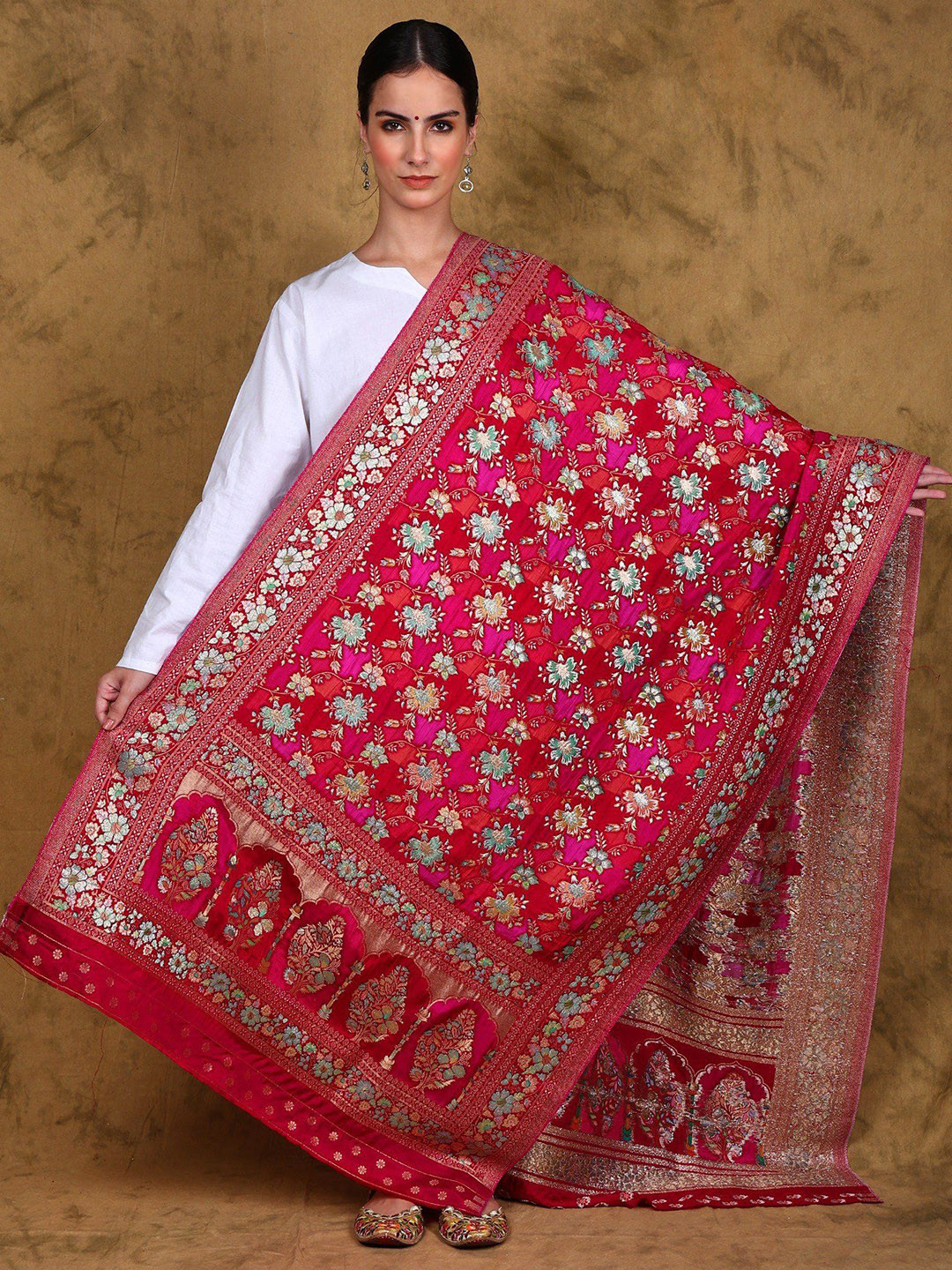 Exotic India Art Silk Dupatta with Zari Woven Hibiscus Floral Jaal
