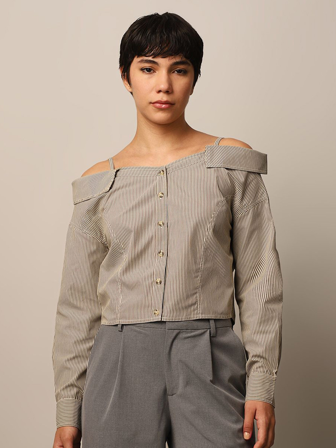 ONLY Women Pinstripes Opaque Striped Casual Shirt