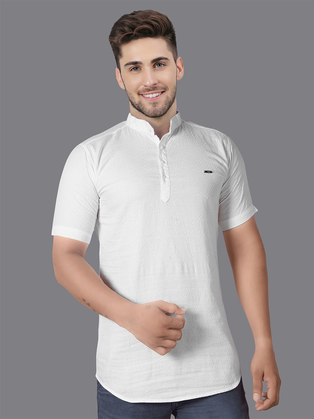 Jb Just BLACK Men Classic Band Collar Textured Cotton Casual Shirt