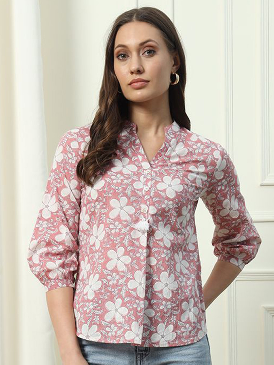 FIORRA Floral Print Cotton Shirt Style Top