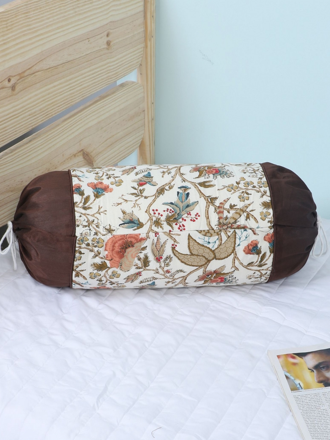 MFD HOME FURNISHING Off White & Brown Printed Velvet Bolster Cover