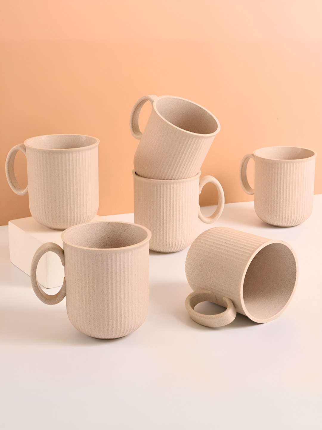 eha Feast Kohinoor Off White Striped Rice Husk Handmade 6 Piece Mugs-350ml