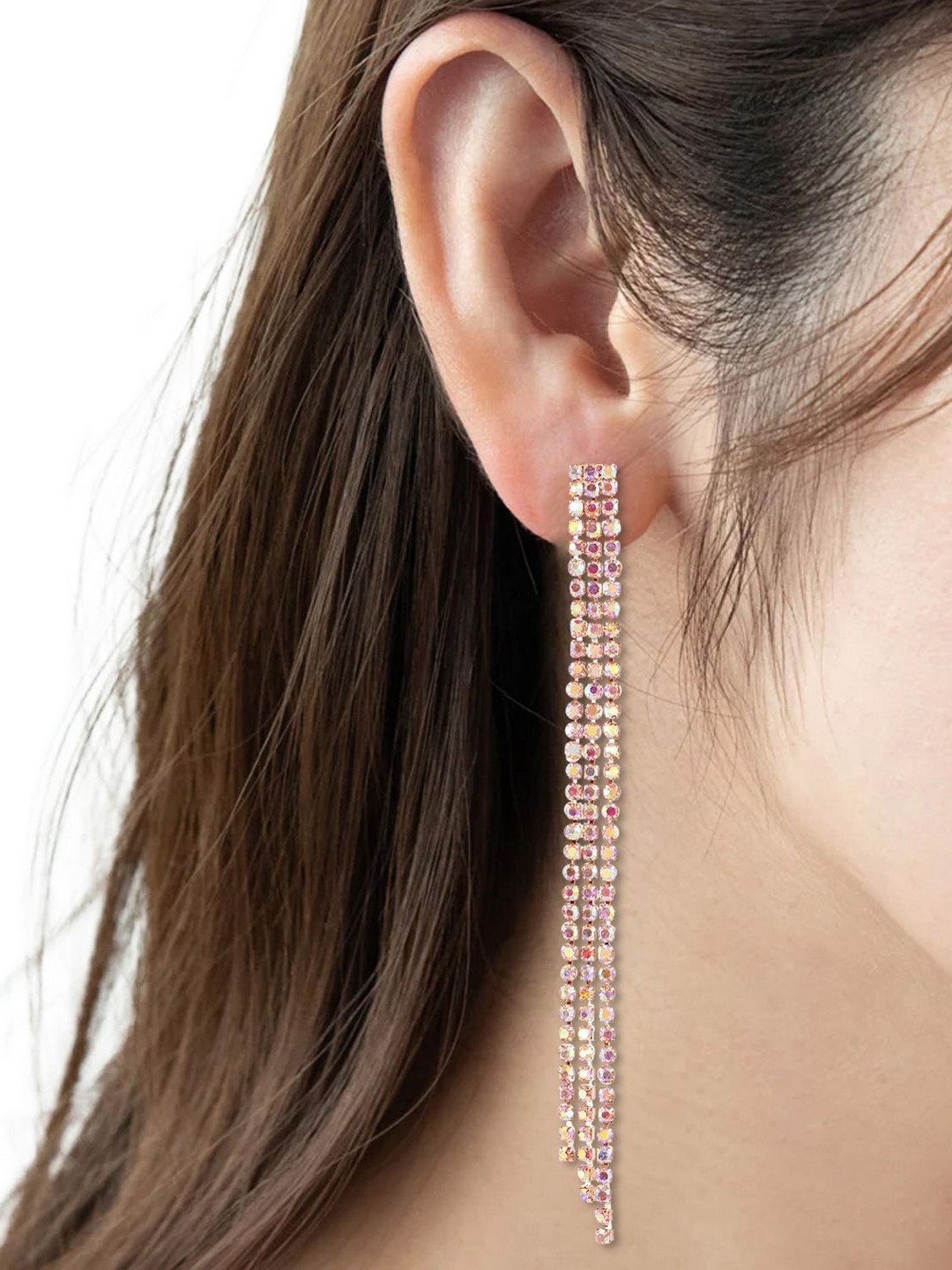 VAMA Women Rose Gold Rhine Stone Studs Tassel Lightweight Earrings