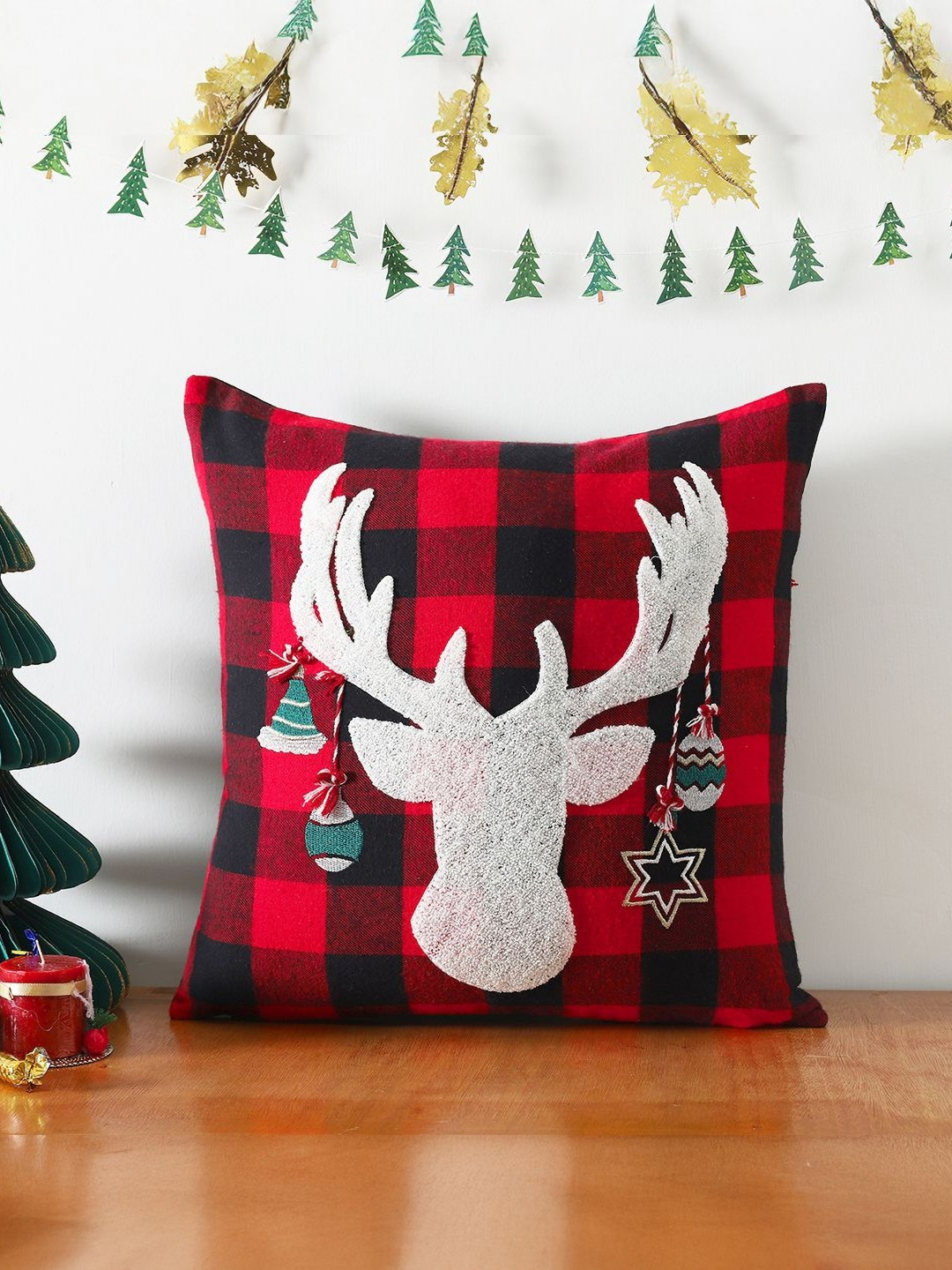 Ratan Cart Check Sheep Bingo Red Checked Cotton Embroidered Square Cushion Cover -16x16In