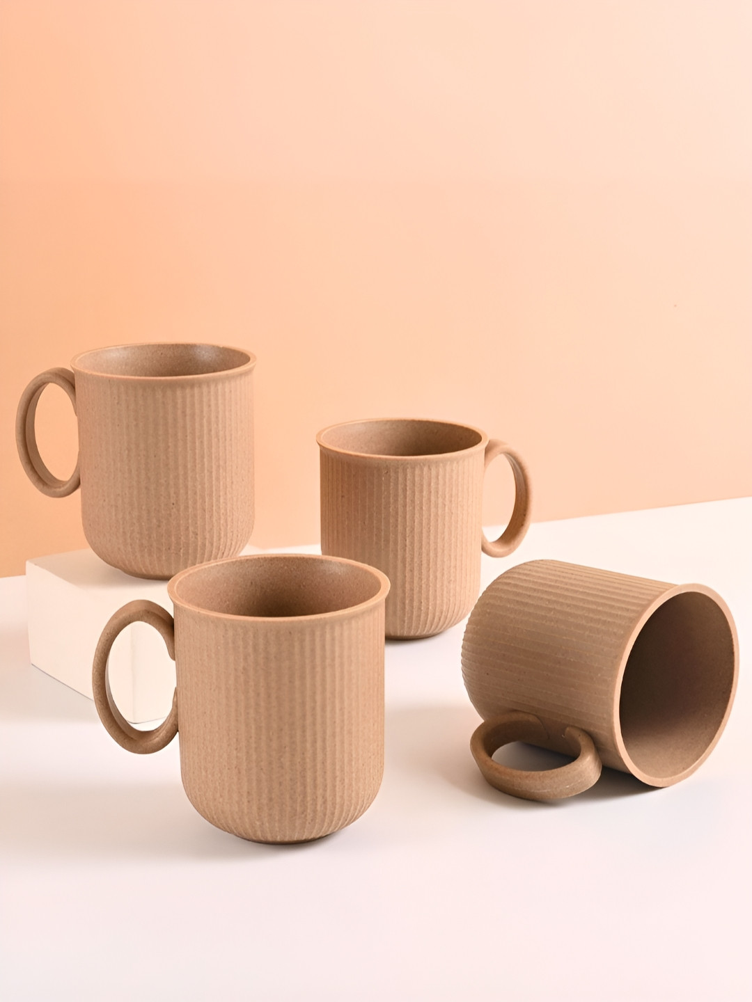 eha Vogue Beige Stroke & Artistic Detailing Beige Biocomposite Microwave Safe 4 Piece Mugs-330ml