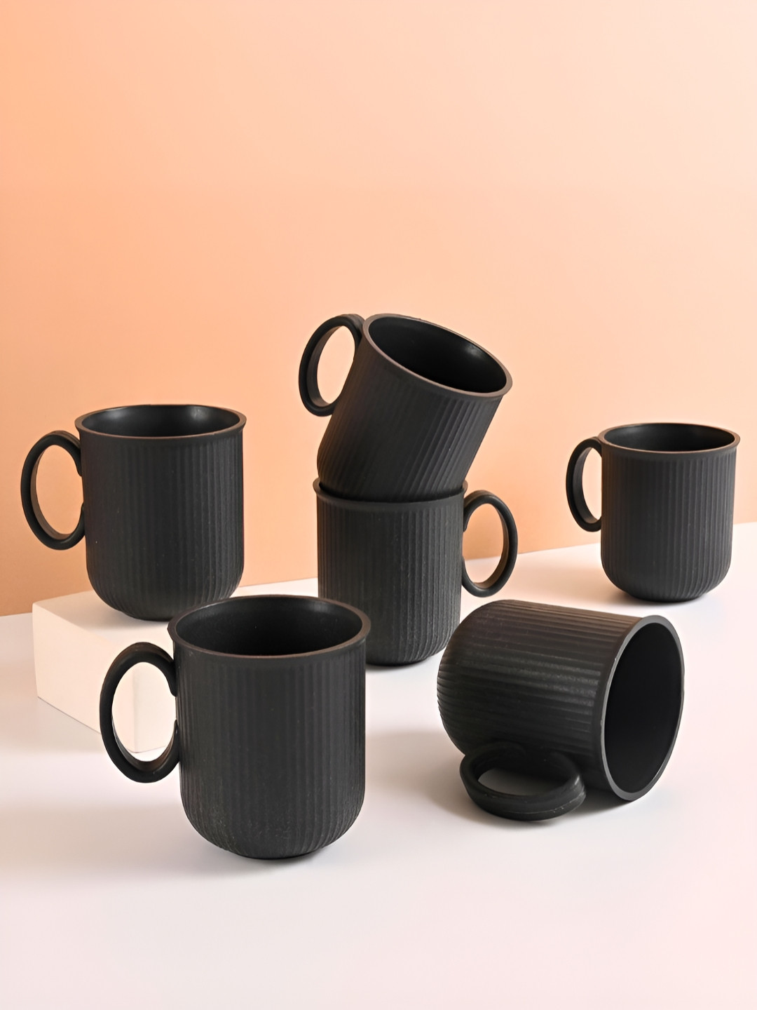 eha Bharat Grey Textured Biocomposite Handmade 6 Piece Mug-350ml