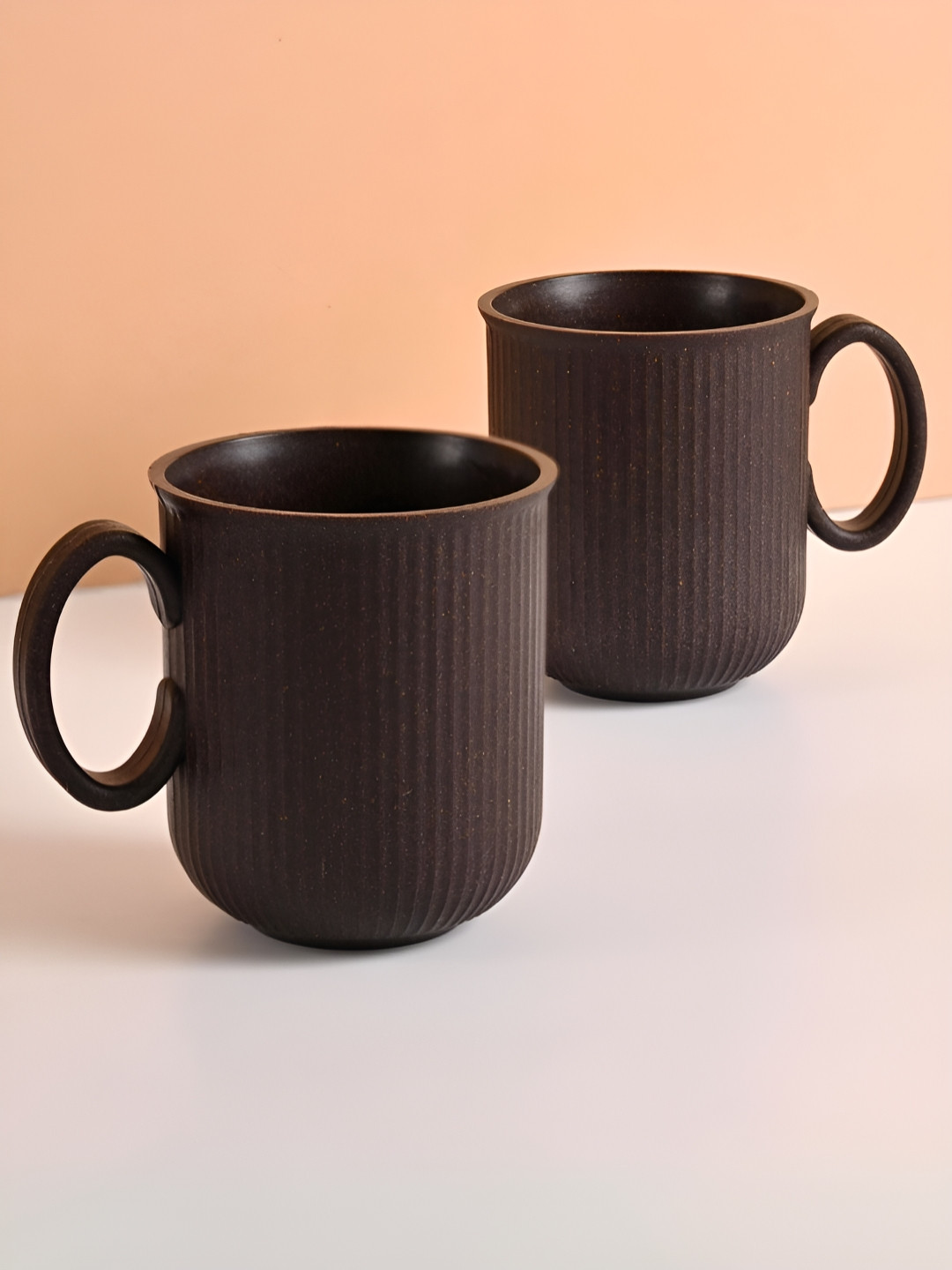 eha Unique Curvy Design Brown Ceramic Microwave Safe 2 Piece Mugs-350ml