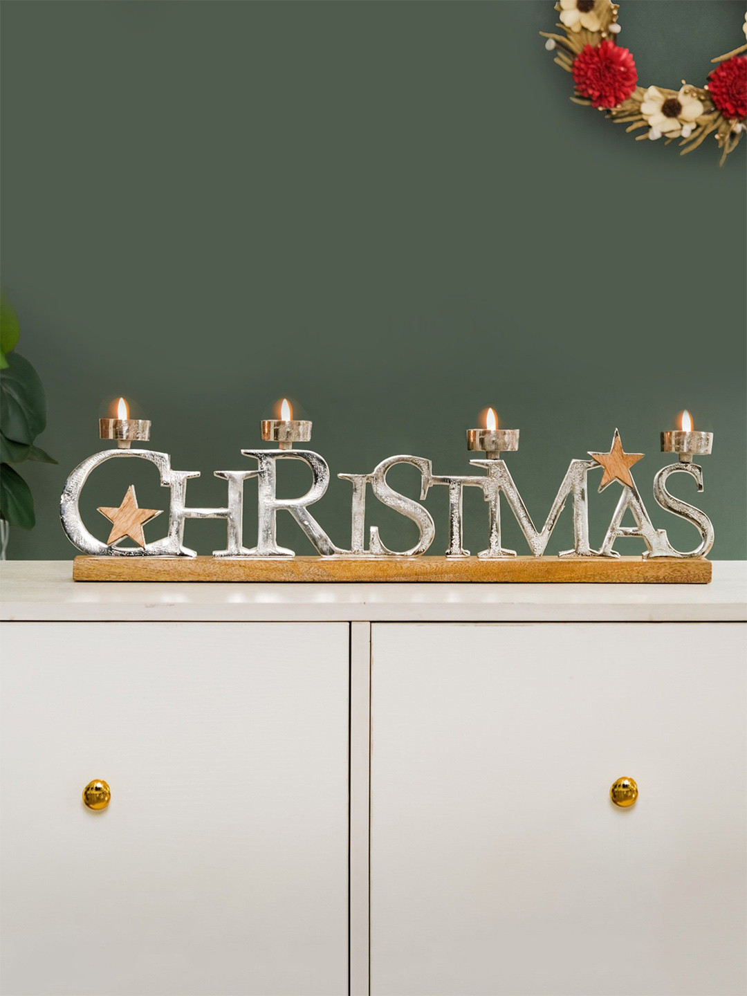 Nestasia Brown Christmas Tea Light Holder With Wooden Base