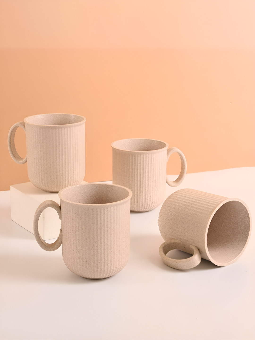 eha Off White Textured Plastic Dishwasher Safe 4 Piece Cups-350ml