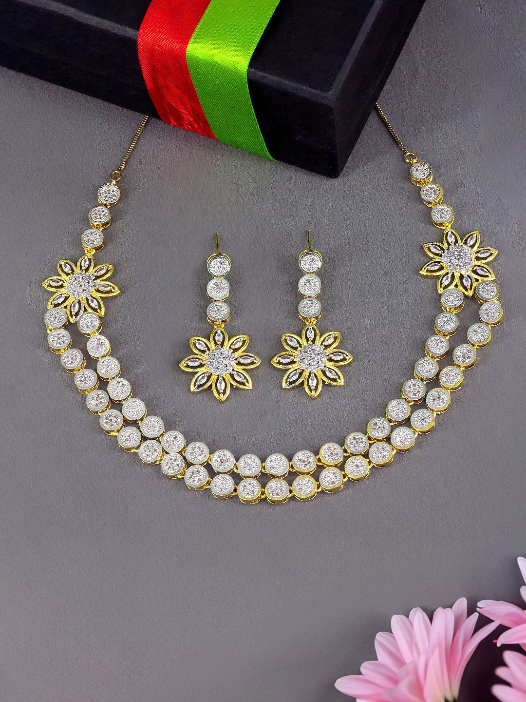 PRIVIU Gold Plated Floral Double Layred American Diamond Studded Jewellery Set