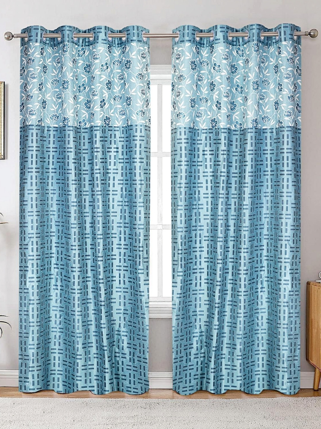 Winnsun Blue & White Set of 2 Floral Room Darkening Door Curtain