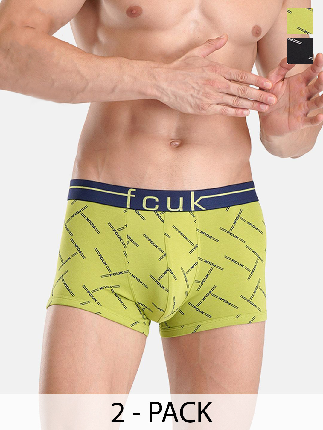 FCUK Pack Of 2 Printed Mid-Rise Short Trunk TOTTENHAMJET BLACK AOP 2-BRIGHT GREEN AOPS