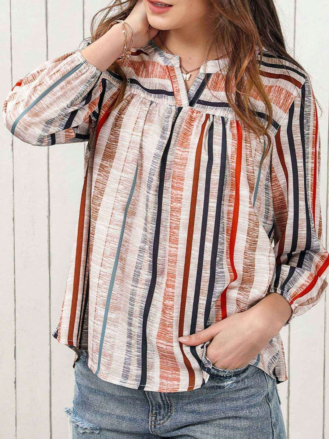 Oh Rare Striped Mandarin Collar Shirt Style Top