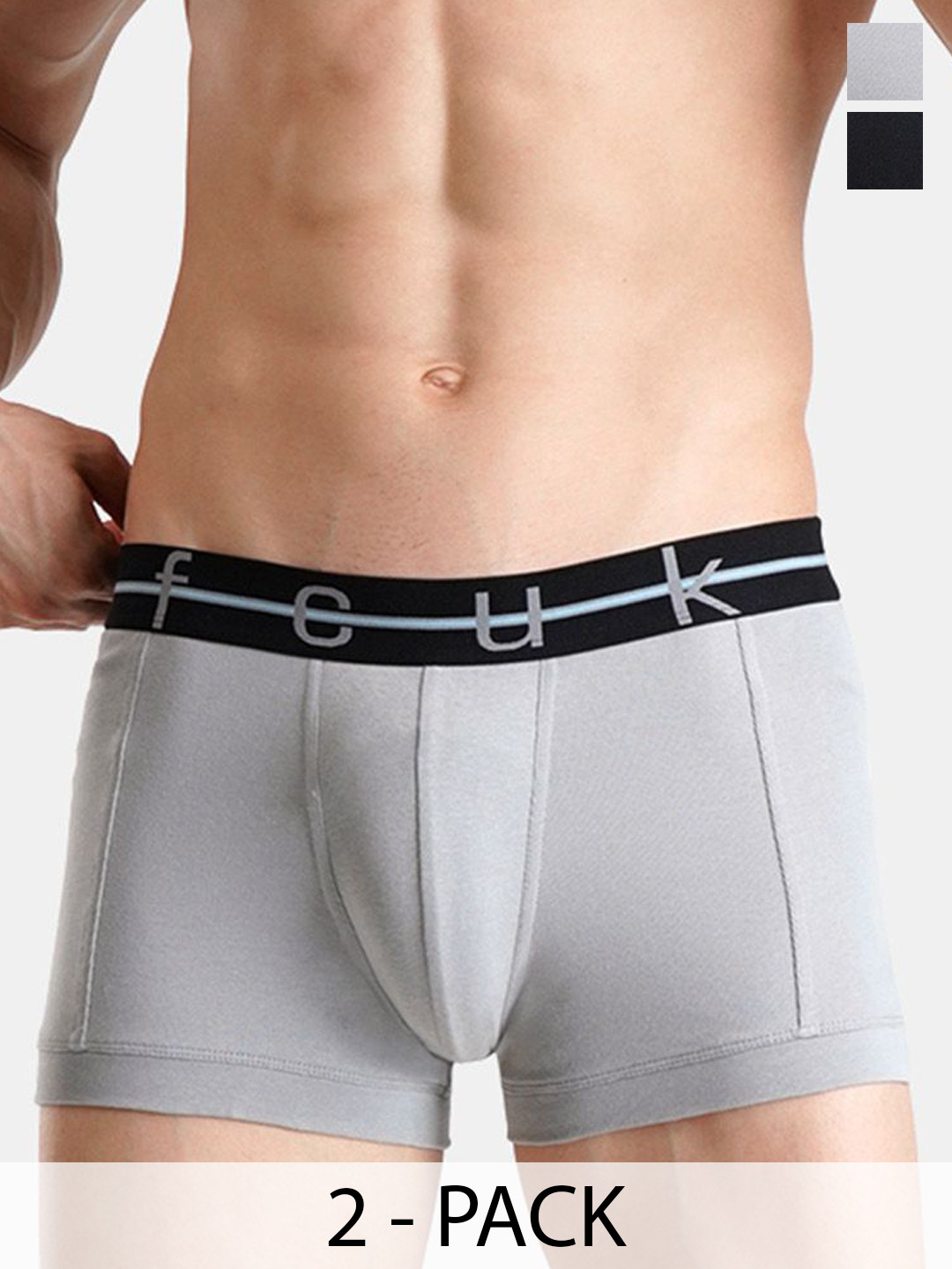 FCUK Pack Of 2 Mid Rise Trunks - NORWOOD-TJET BLACK-ULTIMATE GRAYS