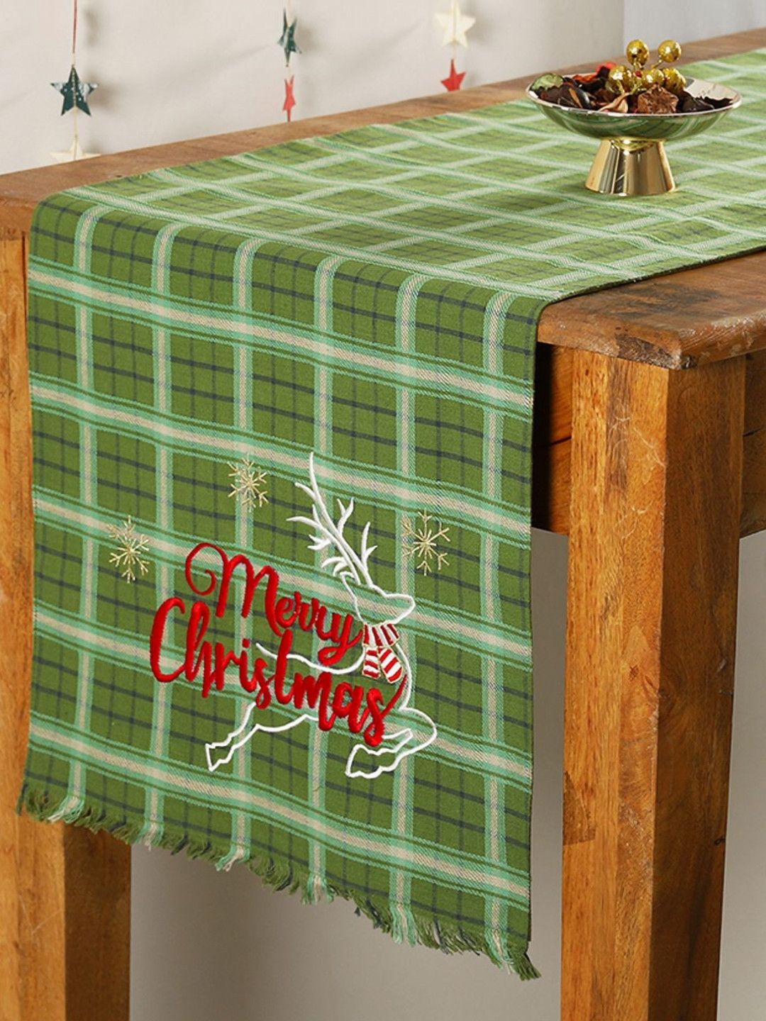 Ratan Cart Red & Green Checked Pure Cotton Rectangular Table Runner