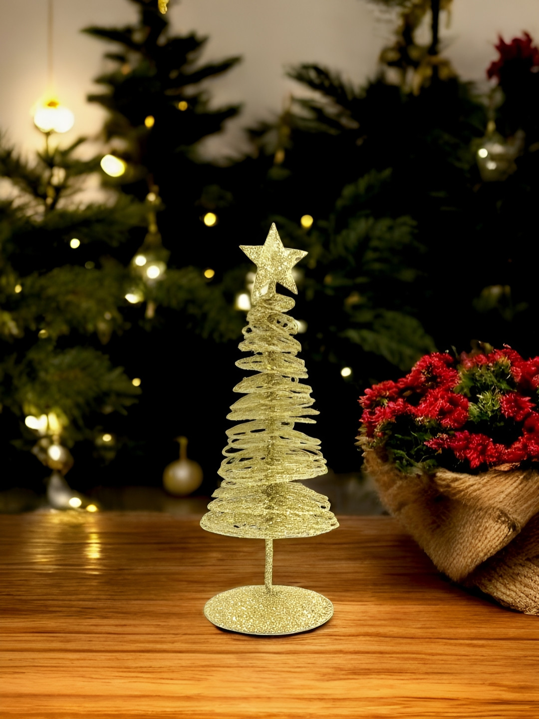 TAYHAA  Set of 2 Shimmery Gold Plastic Glossy Living Room Christmas Tree - 8.1 Inches