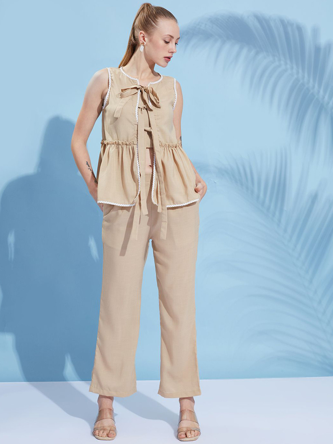 DressBerry Beige Sleeveless Pure Cotton Top With Trouser