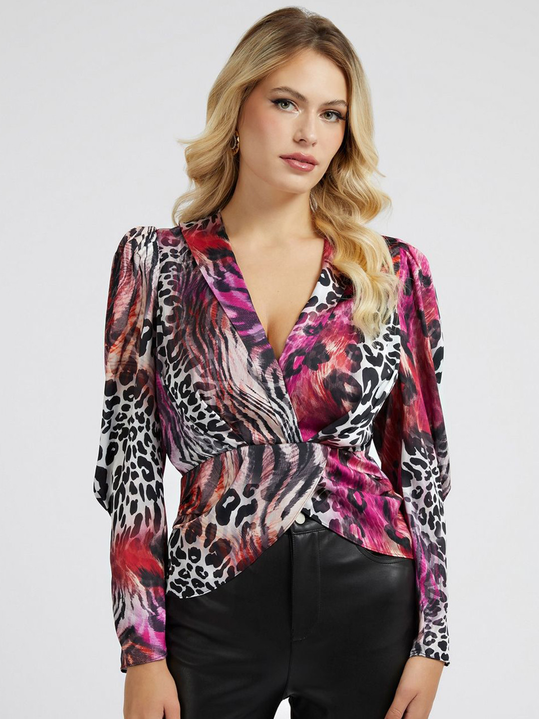 GUESS Animal Print Puff Sleeve Wrap Top