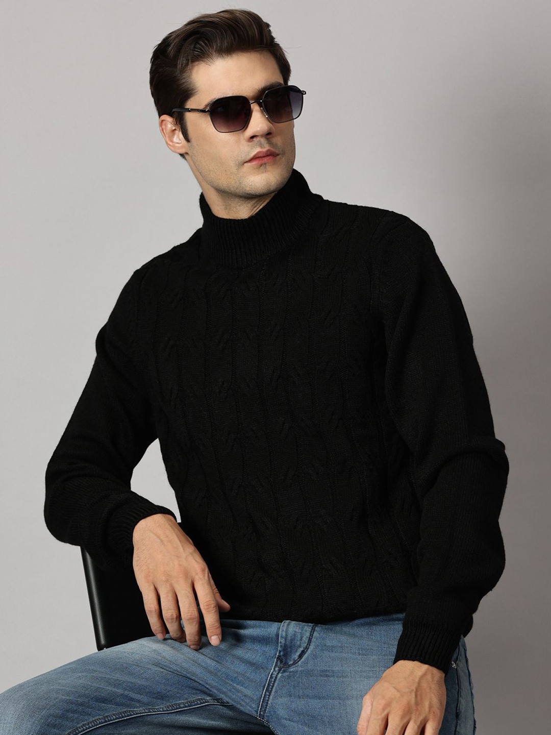 BLACK BUCK Cable Knit Solid High Neck Sweater