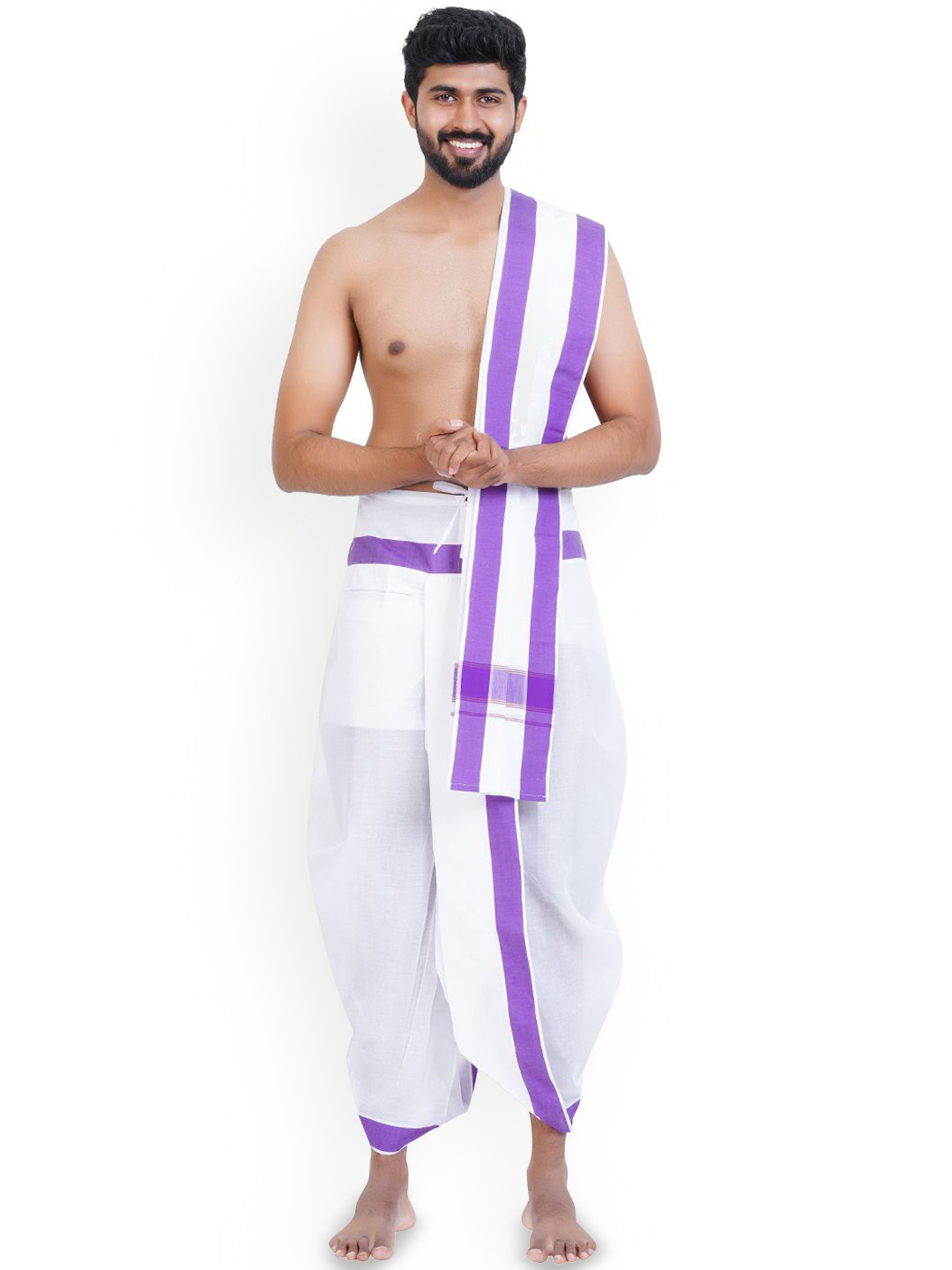 Ethazh Mens Cotton  Fancy Pate-Purple Border Solid White Panchakacham with Angavasthiram
