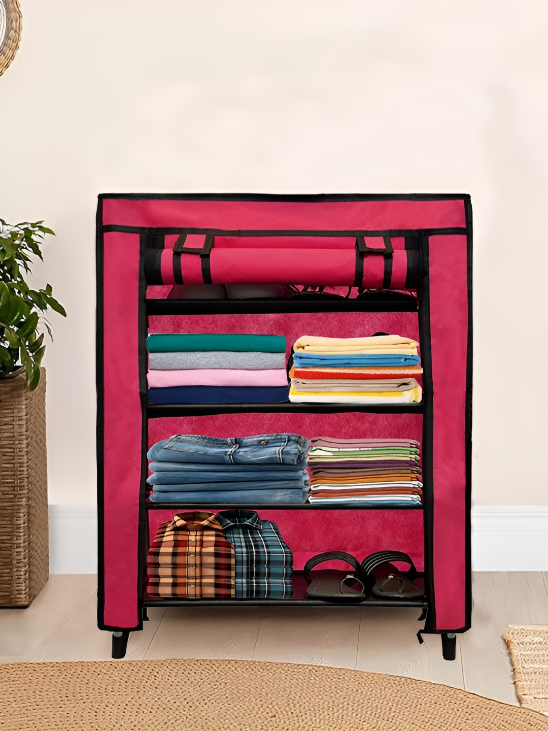 Urban Choice Pink & Black 4 Layer Rectangular Collapsible Wardrobes