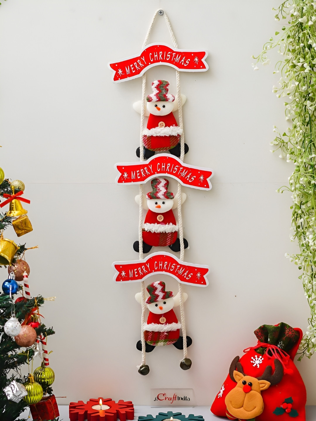 eCraftIndia Merry Christmas Snowman Climbing on Rope Christmas Fabric Wall Hangings-29.1In