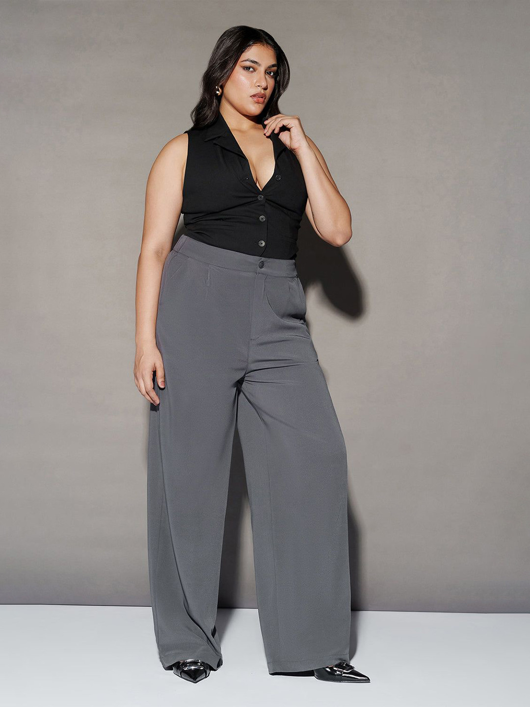 FREAKINS Grey High-Rise Wide Leg Trousers