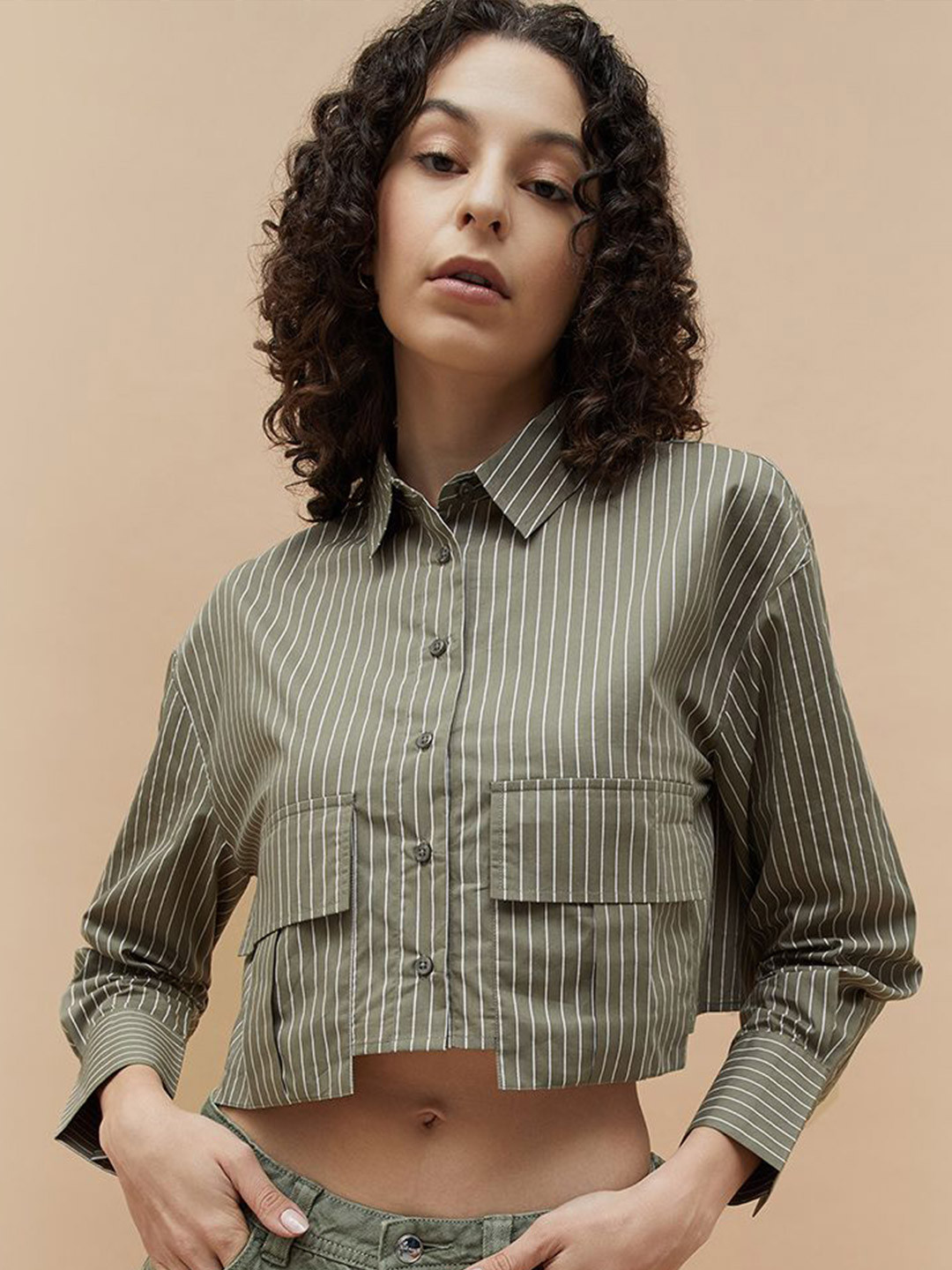 Ginger by Lifestyle Women Spread Collar Vertical Striped Cotton Casual Shirt