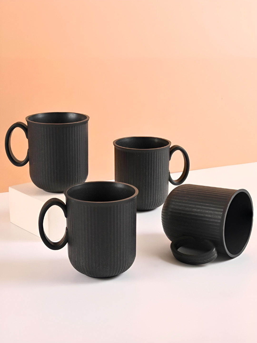 eha Grey Ceramic Handmade 4 Piece Mugs-320ml
