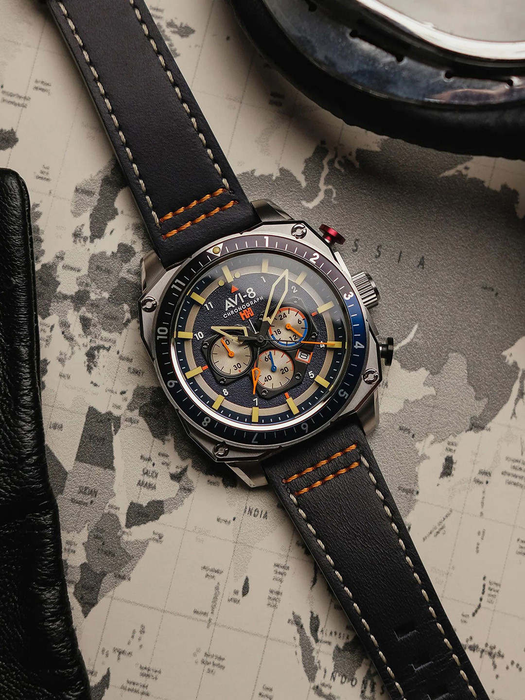 AVI-8 Men Brass Dial & Leather Straps Analogue Chronograph Watch AV-4100-02