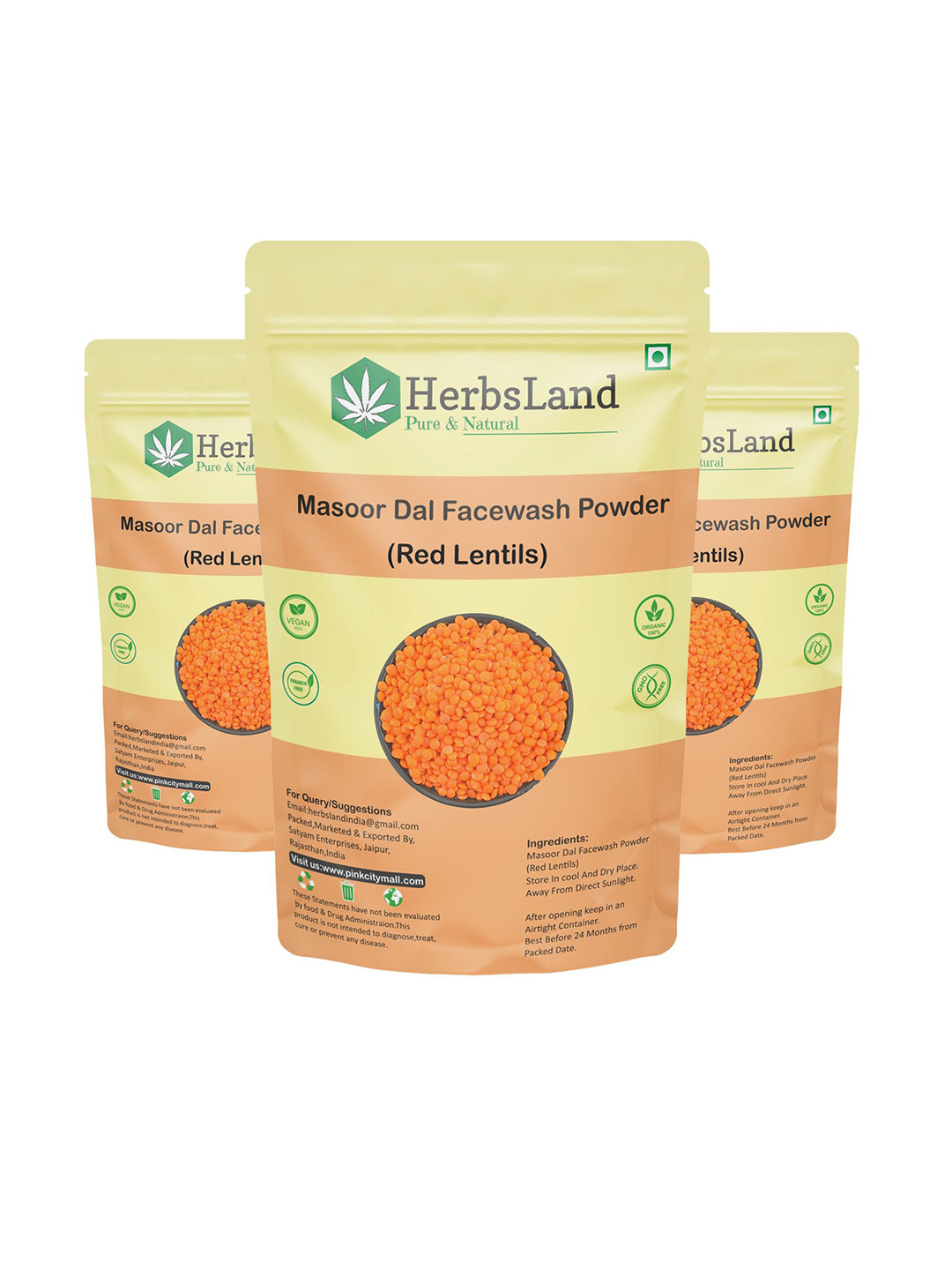 HerbsLand Set Of 3 Masoor Dal Face Wash Powder - 100 g Each