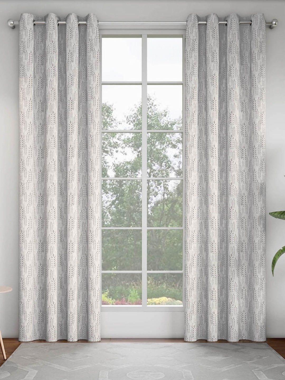 GM Gunmetal-Toned & Grey Set of 2 Floral Room Darkening Door Curtain