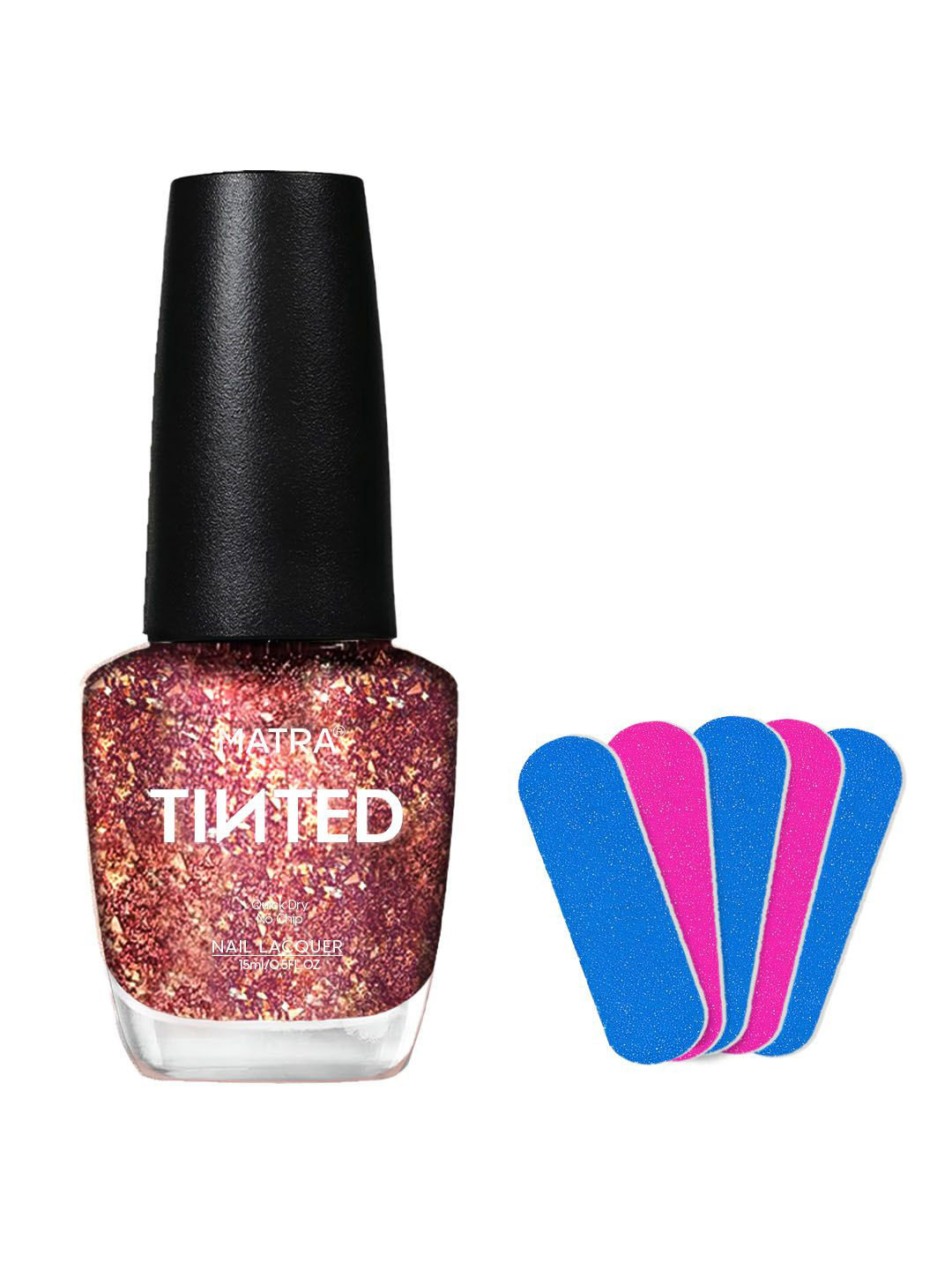 MATRA Nail Polish With Free Mini Filers- 15ml- Rosy Flakes Glitter