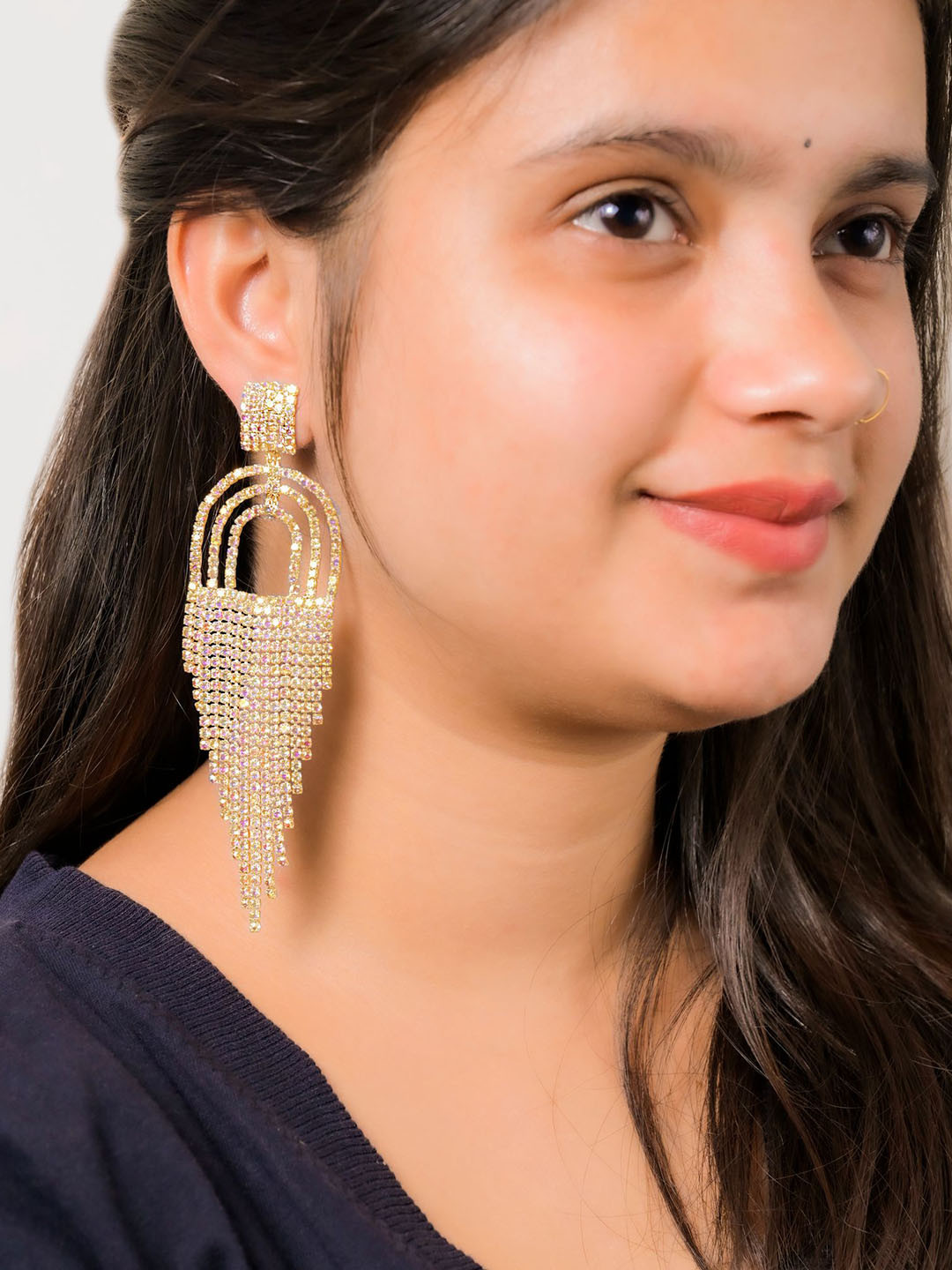 VAMA Women Gold Plated Dangler Rhine stone Hanging Drop Tassel Chandelier Earrings