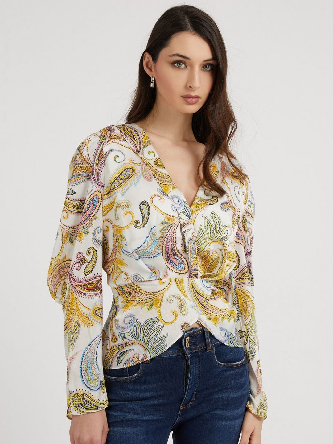 GUESS Print Puff Sleeve Blouson Top